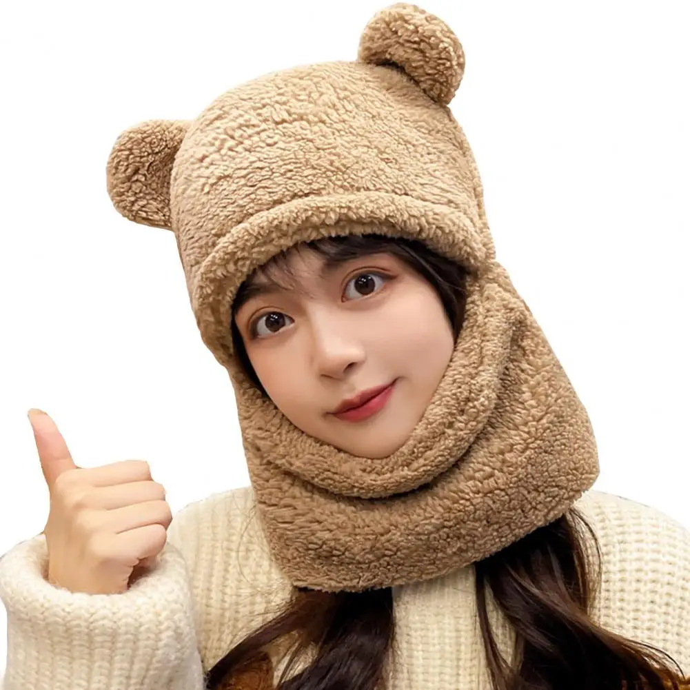 

Ladies Hat One-piece Lovely Coldproof Windproof Plush Beanies Hat Scarf Ladies Scarf for Outdoor