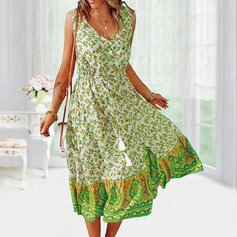 

Женское повседневное Свободное платье, летнее макси-платье на пуговицах в стиле бохо с бантом и без рукавов, большие платья, женское платье