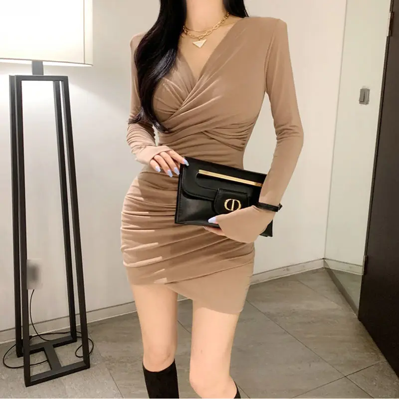 

Korean Fashion Clothes For Women Spring Autumn 원피스 Mini Knitted Sexy Woman Dress Folds Evening Dresses Long Sleeve Vestidos Traf