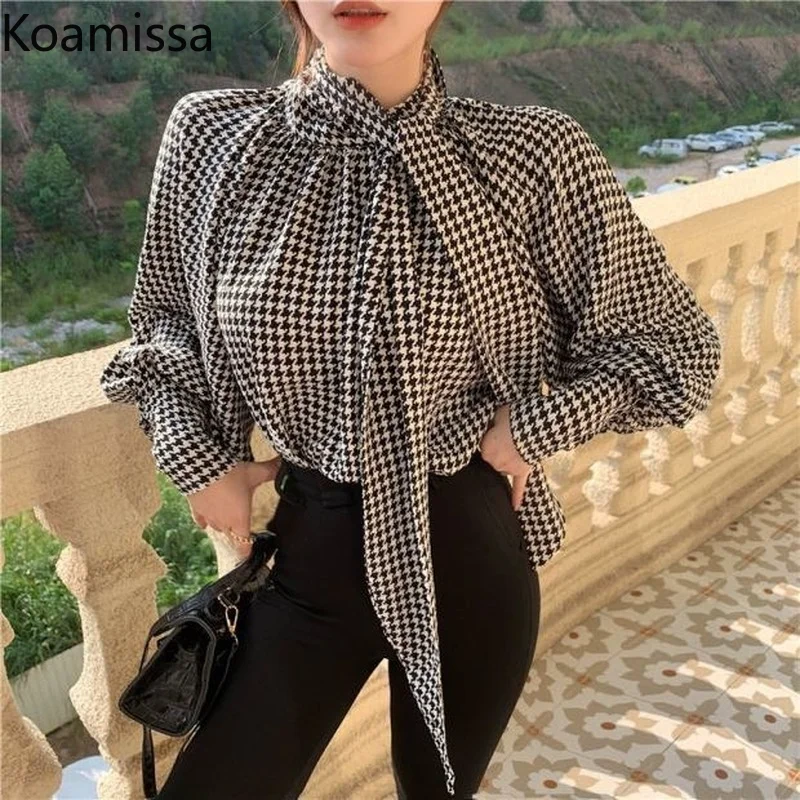 

Koamissa Retro 2022 New Women Spring Autumn Blouse Long Lantern Sleeves Bow Lady Plaid Shirts Koran Chic Tops Slim Fall Blusas