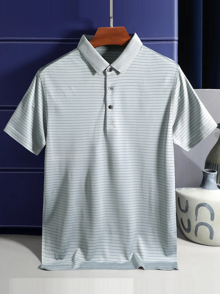 Hengyuanxiang Middle-Aged Short sleeve T-shirt Men 2024 Summer New Stripe Lapel Polo Shirt Containing Silk Daddy Clo... |