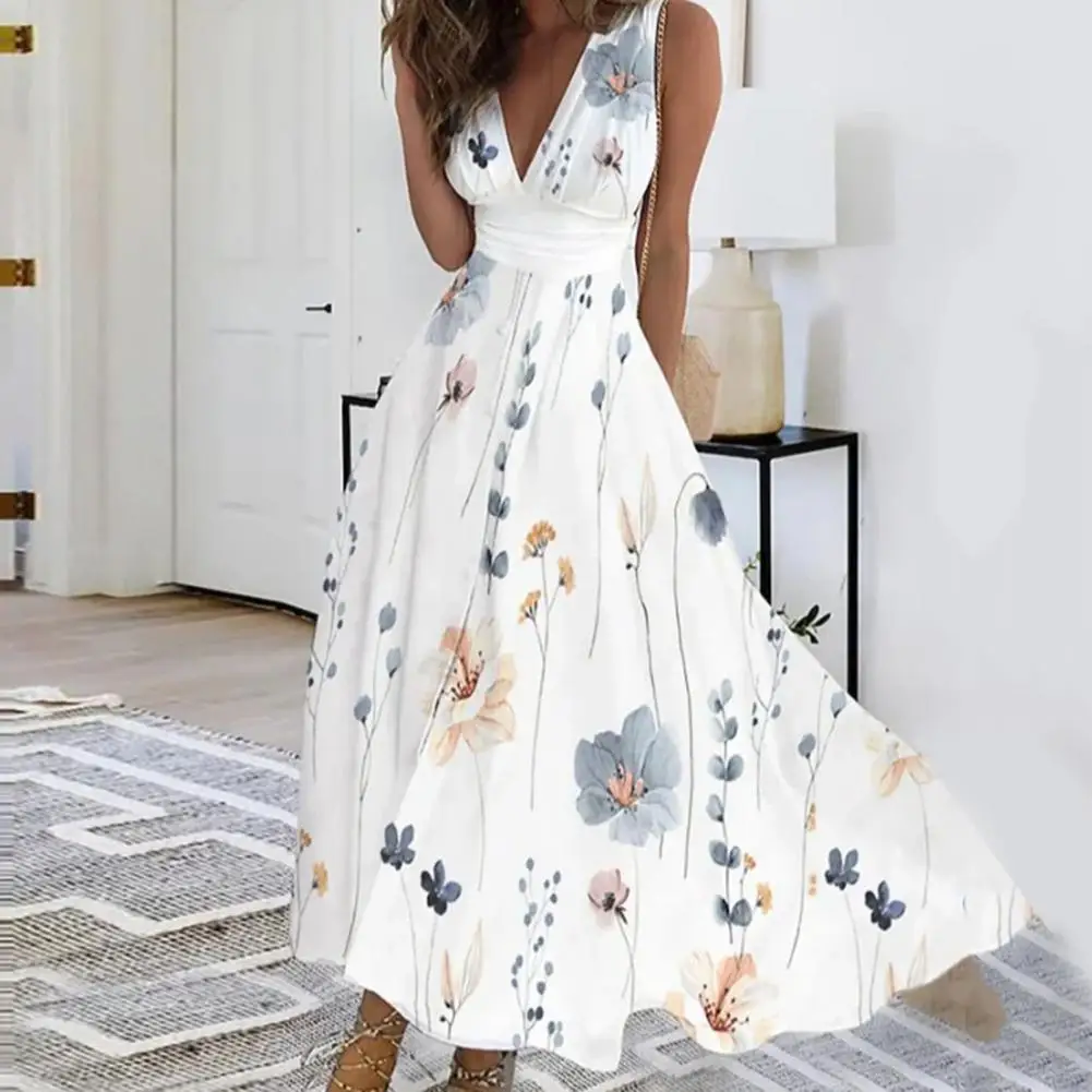 

Long Dress Sleeveless Gown Dress Floral Print Vacation Long Vest Dress
