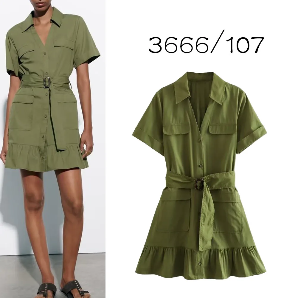 

New women's casual sexy 2023 green big pocket French retro belt poplin dress with belt 3666107