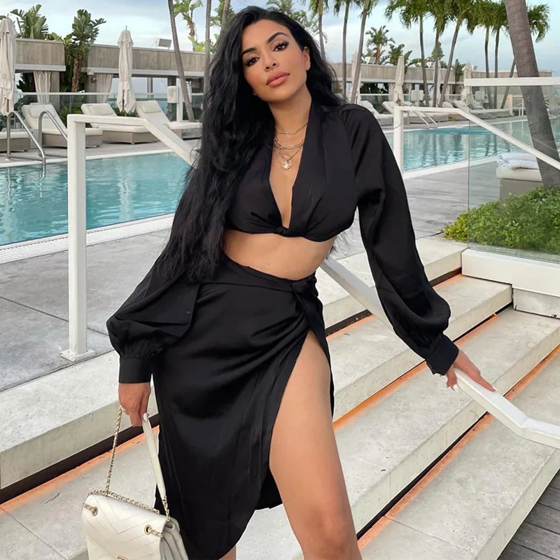 

Summer Party Women's Tops + Skirt Sets Short Sleeve Deep V-Neck Slim Fit High Waist Solid Suit Split Pleats Two Piece Set