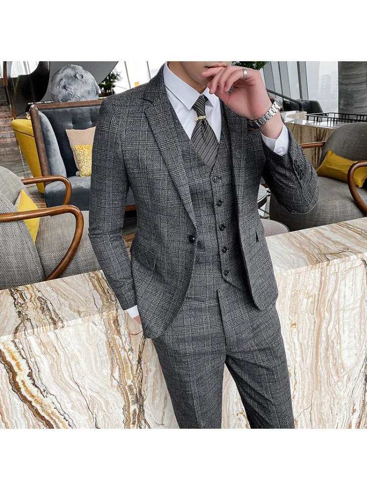 2023 (Jacket+Vest+Pants) Fashion Boutique Lattice Formal Business Mens Suit 3pcs Set Groom Wedding Dress Plaid Suit Show Stage images - 6