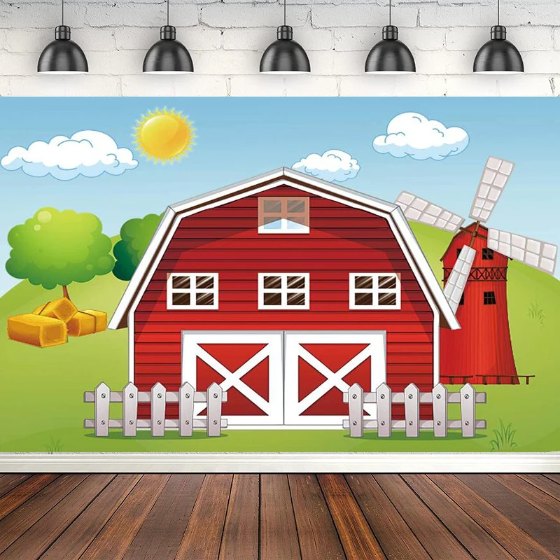 

Фон для фотосъемки с изображением мультяшной фермы красная ферма ветряная мельница дом Детский День Рождения фотография баннер фон плакат