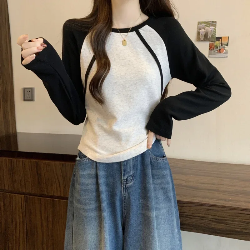 Футболки с длинными рукавами цветными блоками женские повседневные нишевые