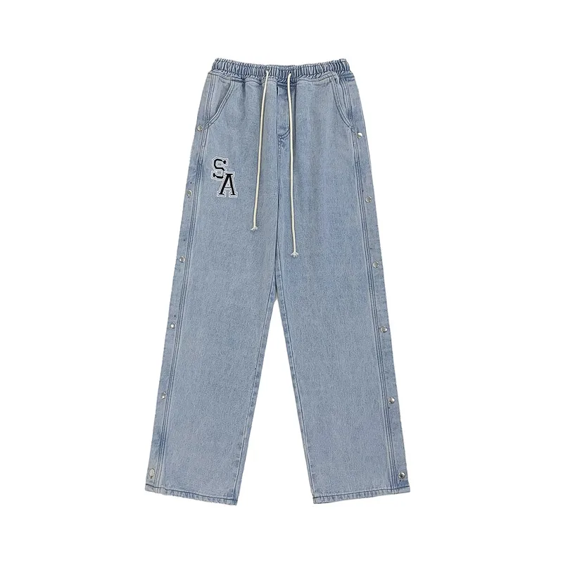 Brand Men's Side Row Solid Color Embroidery Jeans Straight-leg Pants Loose Wide-leg Jeans Trendy Street Men's джинсы для мужчин