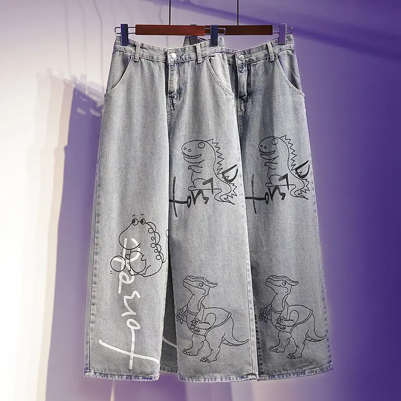

Autumn new Korean version of large size plump woman graffiti cartoon jeans female high-waisted loose straight wide leg pants