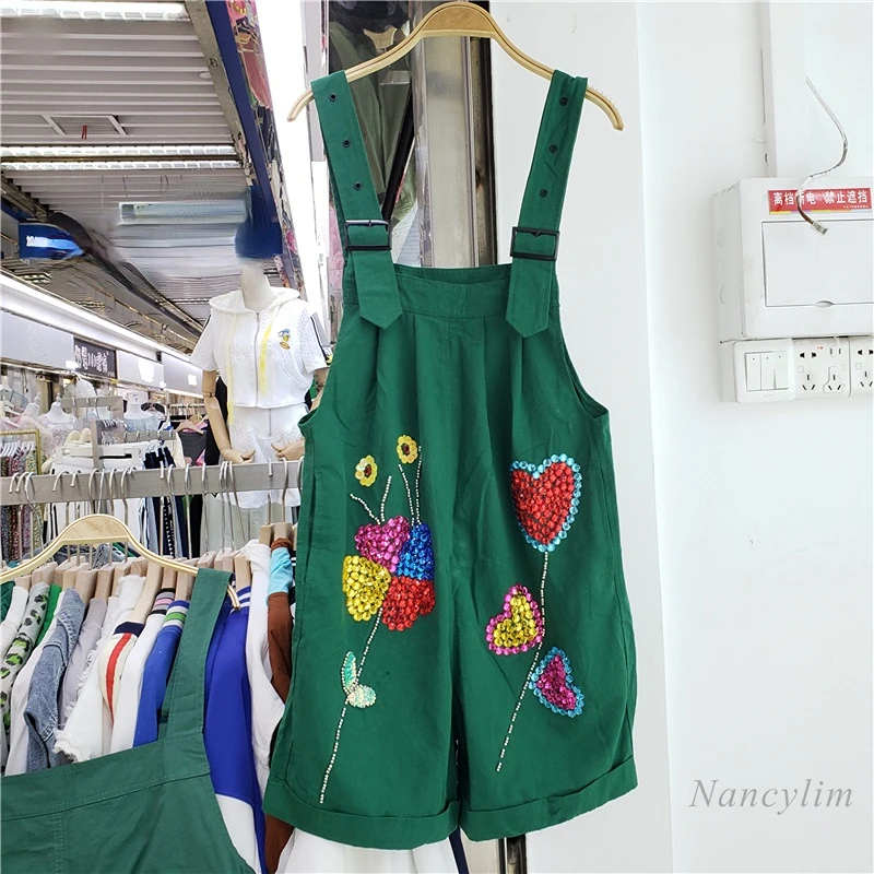 

Green Overalls for Women 2022 Summer Popular Style Street Love Sequined Flower Decoration Wide-Leg Suspender Shorts Girls Ladies