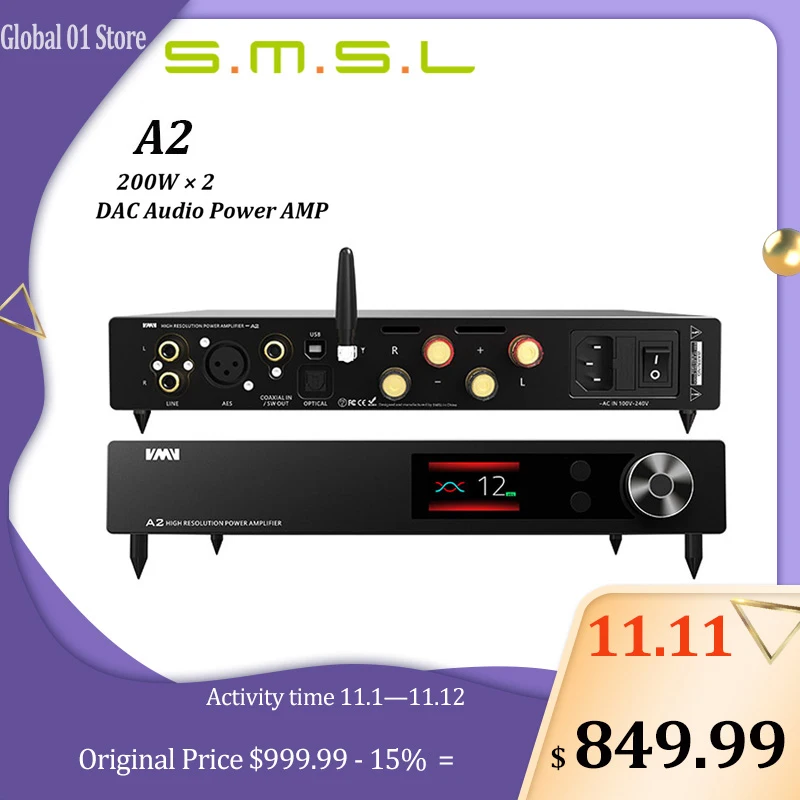 

SMSL VMV A2 200W*2 Power Amplifier 2.0 HiFi Audio AMP USB DAC XMOS 768KHz DSD512 Bluetooth 5.0 LDAC Audio Decoder