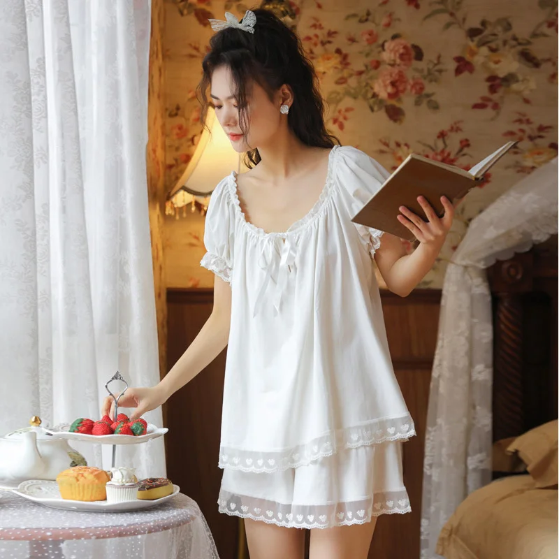 

Short sleeved Pajama Set female summer cotton sweet loose large court style Princess shorts wear home clothes two-piece set