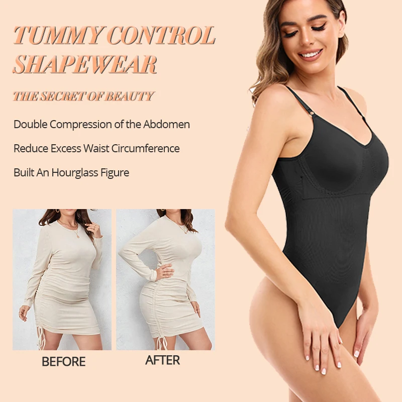 Sexy Thong Bodysuit for Women Tummy Control Shapewear V-Neck Tank Tops Lingerie Jumpsuit Smooth Body Shaper Waist Slim Underwear