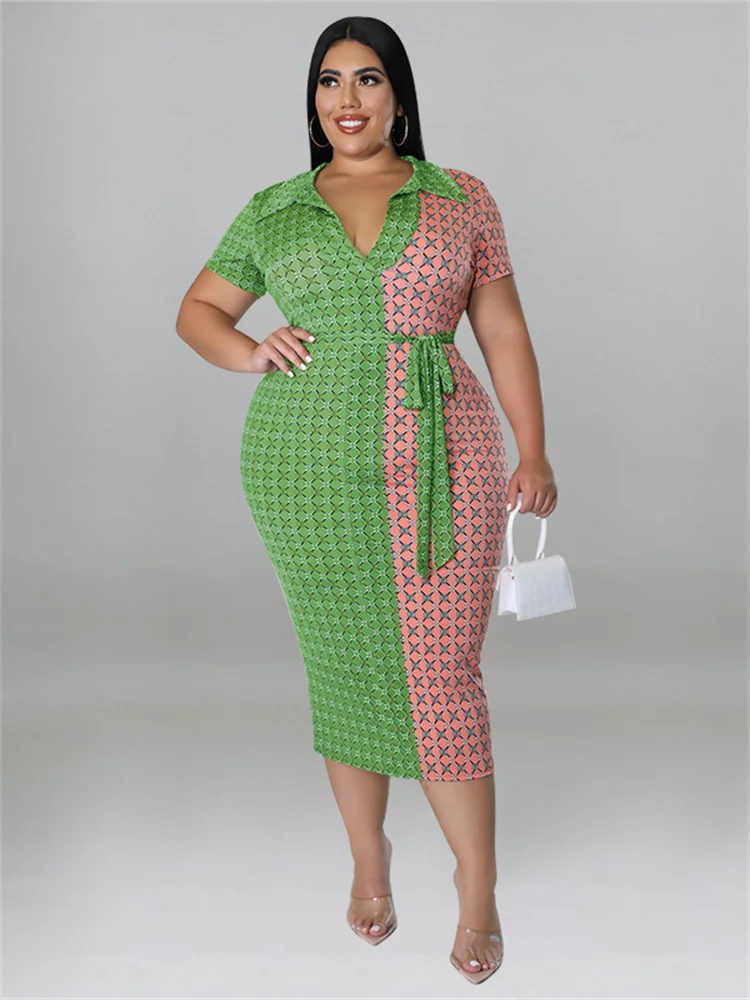 Plus Size Women Clothing Dresses with Lace Up Patchwork Bodycon Stretch Elegant Plaid Maxi Dress Whole 3xl 4xl 5xl 6xl