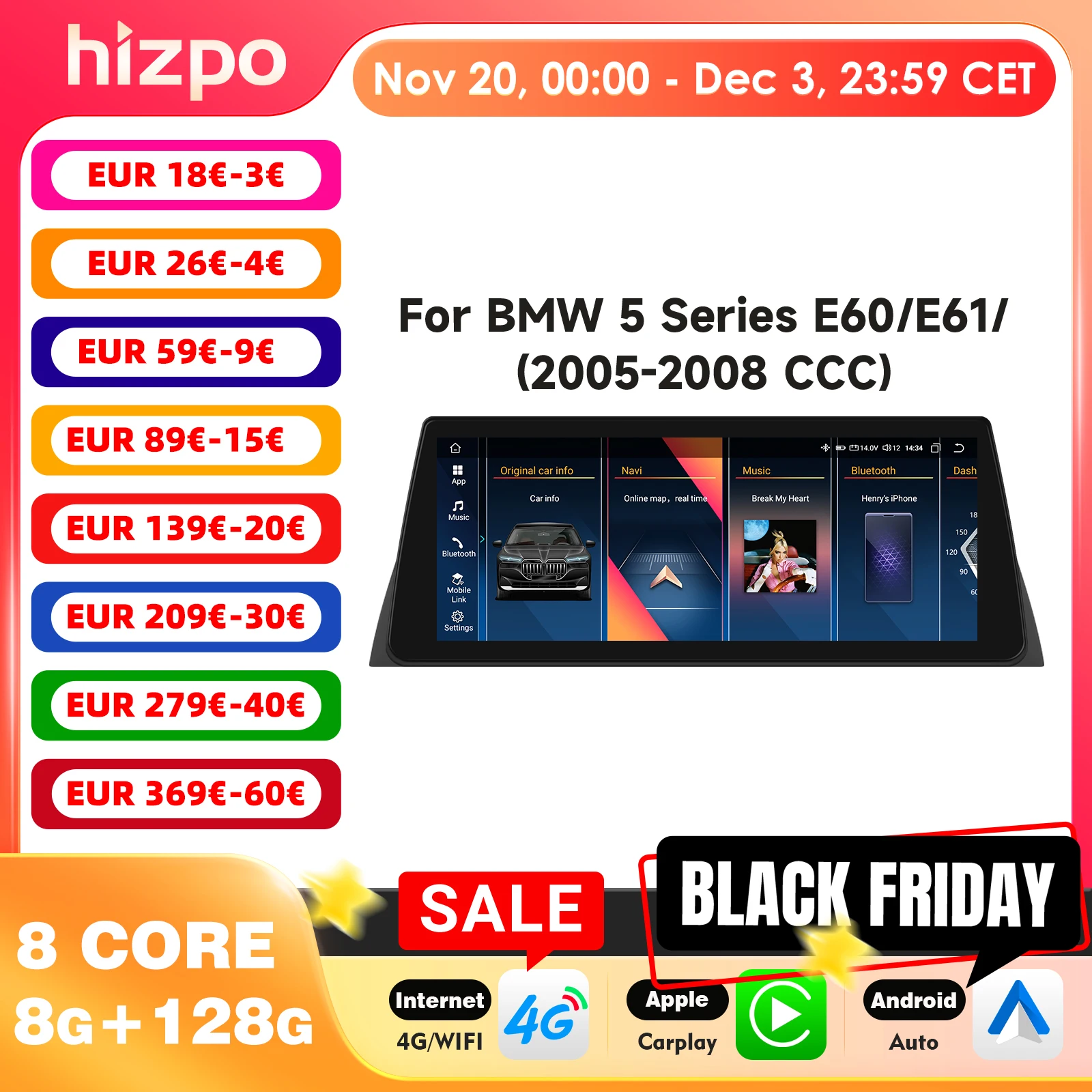 

10,25-дюймовый автомобильный мультимедийный плеер с GPS-навигацией и поддержкой DSP Carplay Android Auto для BMW 5 серии E60 E61 E63 E64 (2005-2008)CCC