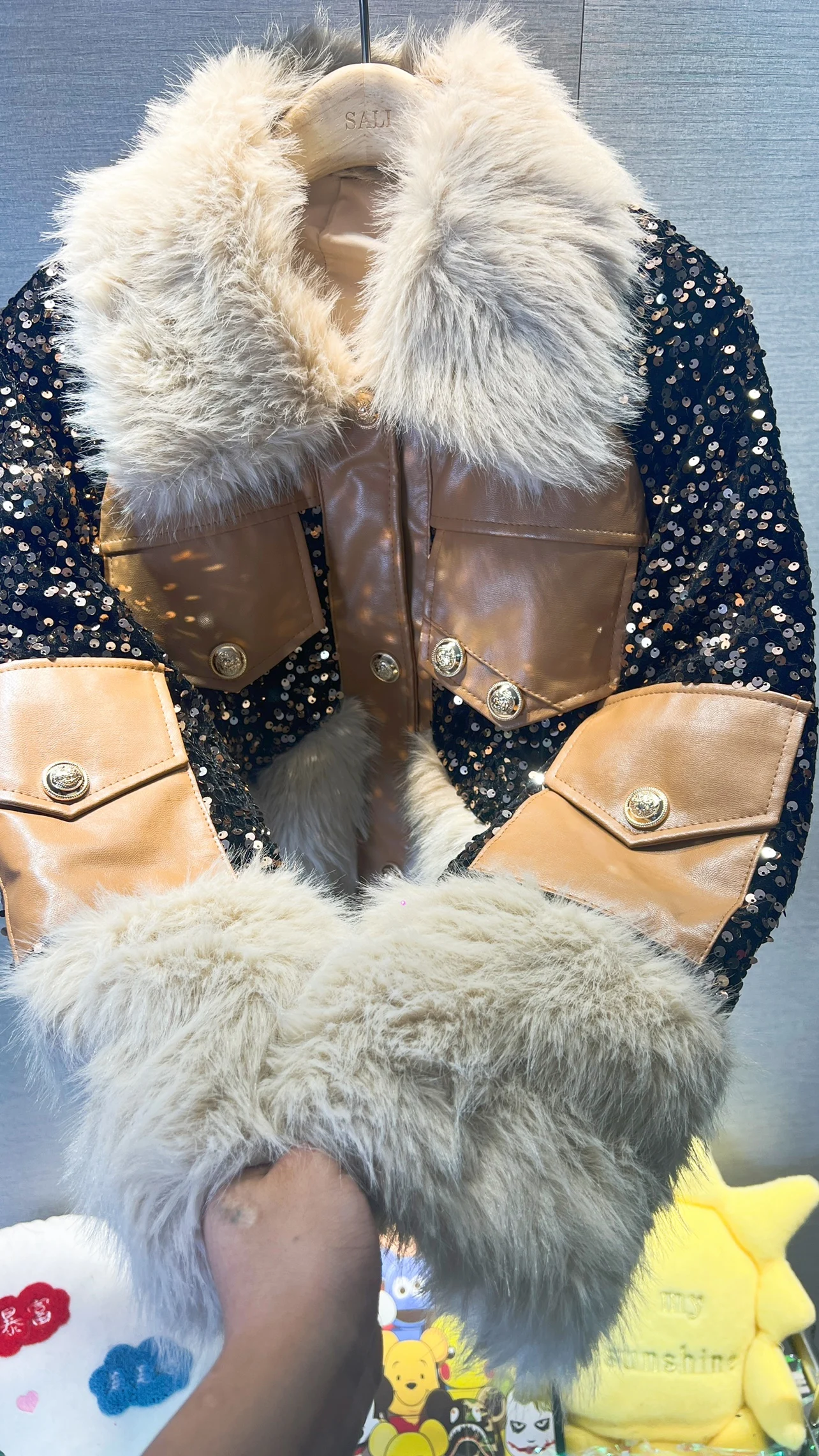 2022 New Fashion Autumn Winter Women Long Sleeve Jacket Coat Colorblock Patchwork Sequins Mink Hair Elegant Loose Fur Outwear