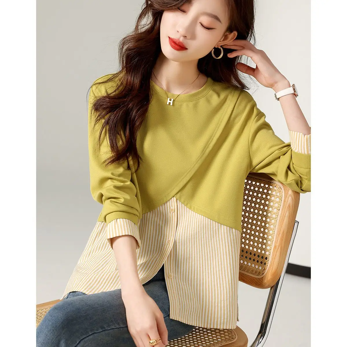 

Женская одежда, тонкие свободные весенне-Осенние футболки с круглым вырезом, однотонные пуловеры в полоску в стиле пэчворк, модные повседневные Простые