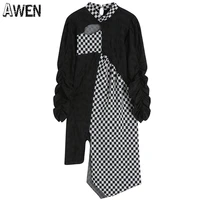 awen sexy hollow out splicing midi dress for women fashion irregular slit plaid dress personality ruffle party evening clothes