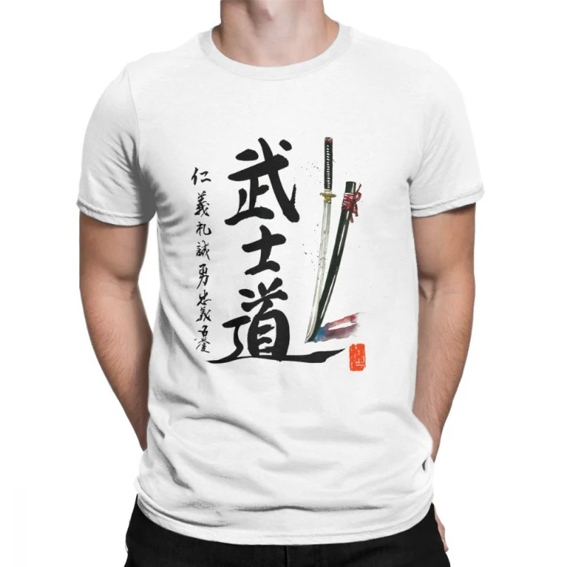 

Мужские футболки Bushido and Seven Virtues of Samurai with Katana, новинка, дышащие графические топы с круглым вырезом, винтажные футболки в стиле Харадзюку