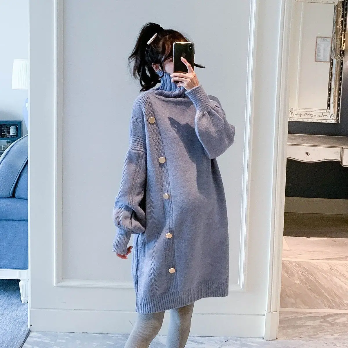 

Fashion Maternity Winter Sweater Korean Version Of Loose Tide Mother Solid Color Warm Turtleneck Long Sweater Skirt