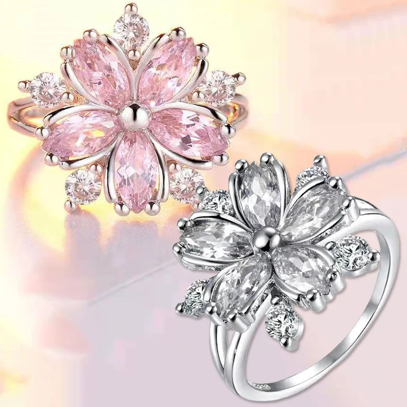 

Fashion Sakura Princess Rings Pink Color Crystal Stone Ring Charm For Women Dainty Bride Flower Zircon Engagement Ring