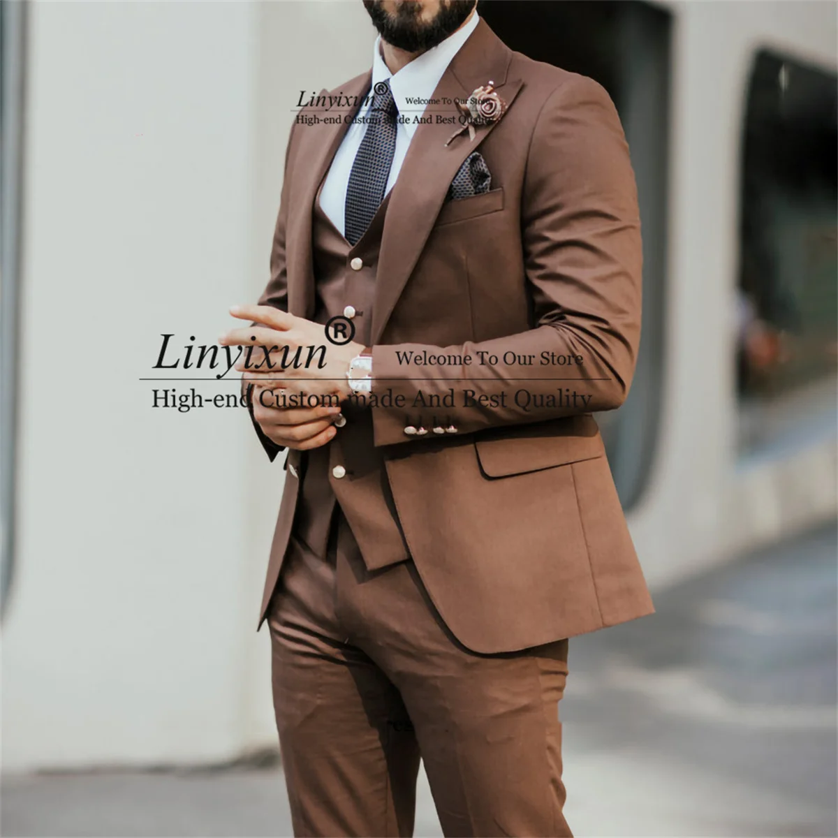 

Brown Wedding Suits For Men 3 Piece Jacket Vest Pants Sets Business Male Blazer Peaked Lapel Groom Txuedo Slim Fit Costume Homme