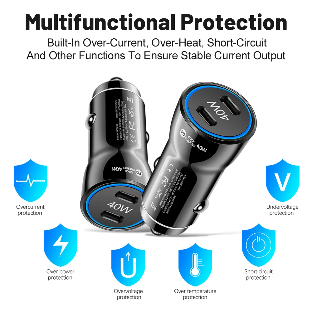 Автомобильное зарядное устройство с двумя портами USB Type-C 40 Вт