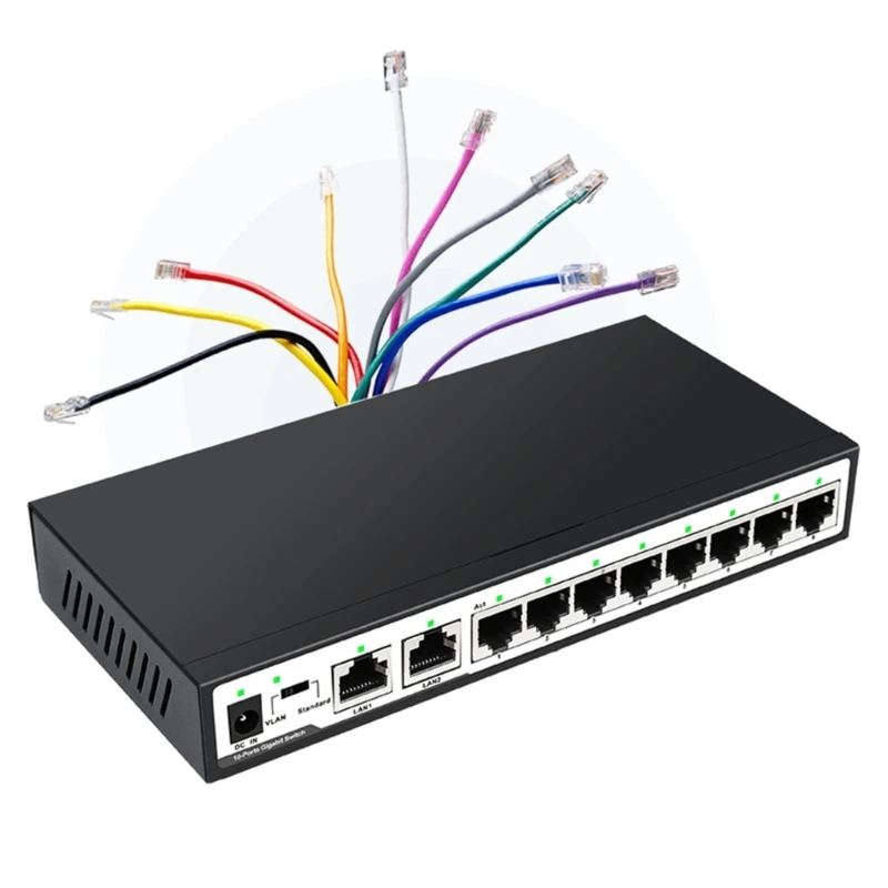 

10-Ports POE Switch Gigabit 8 Ports+2 Uplinks 120W Built-in Power 10/100/1000M VLAN Lsolation Full/Half-Duplex Plug&Play