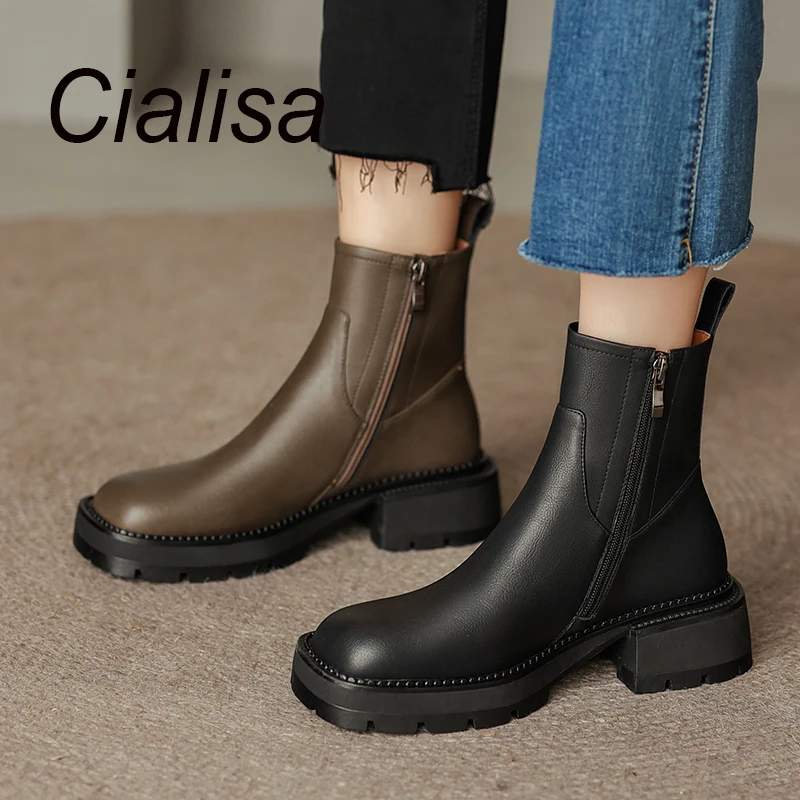 

Женские ботильоны из натуральной кожи Cialisa, бежевые Ботинки Челси на толстой платформе и высоком массивном каблуке с круглым носком, Осень-з...