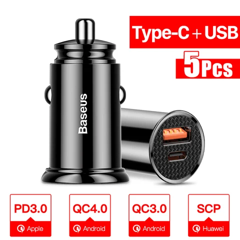 Baseus 5 шт. Автомобильное зарядное устройство USB Quick Charge QC4.0 QC3.0 PD3.0 SCP PPS 5A Тип C 30 Вт Быстрое зарядное устройство USB для мобильного телефона iPhone Xiaomi