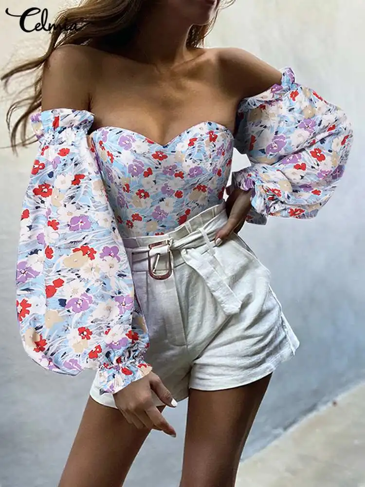 

Celmia Women Sexy Off Shoulder Blouses Party Streetwear Tunics 2022 Vintage Floral Print Shirt Summer Puff Long Sleeve Tube Tops