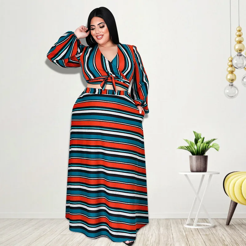 Plus Size Two Piece Dress Striped Bandage Tops And Skirts Female Luxury Party Dress Korean Style Outfit 2023 Spring Casual Sets