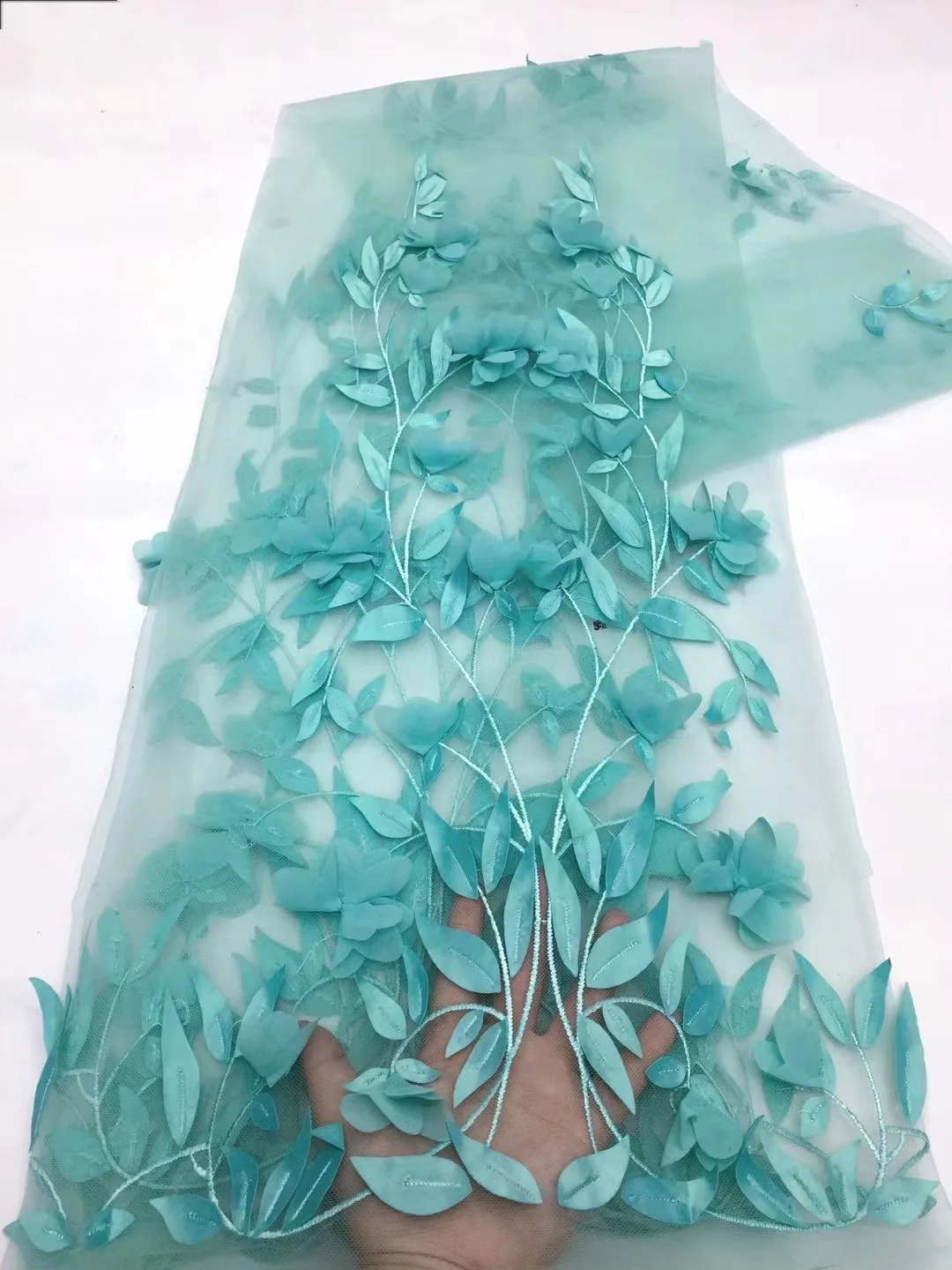 

African Latest Sky Blue Handmade 3D Applique Voile Fabric High Quality Tulle Fabric For Nigerian Women Bridal Prom Dress Sewing