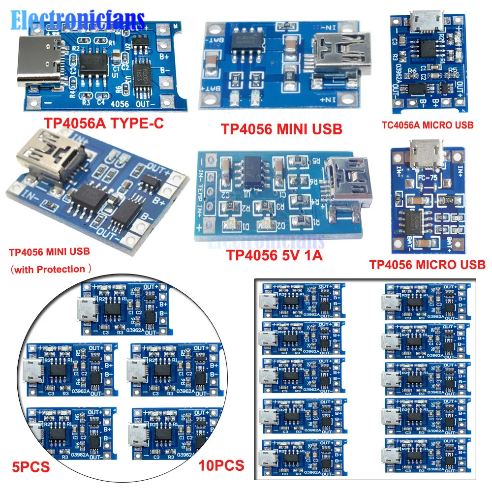

1/5/10PCS 5V 1A Micro USB 18650 Type-c Lithium Battery Charging Board Charger Module Protection Dual Functions TP4056 TP4056A