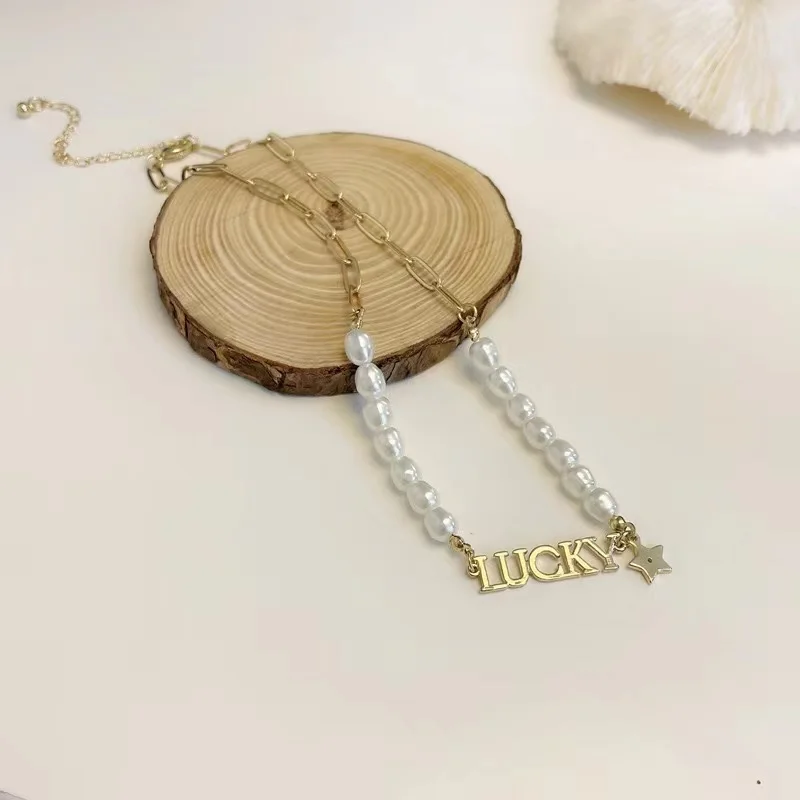 

Fashion Lucky Letter Pendant Clavicle Necklace For Women Girls Aesthetic Pearl Choker Gold Chain Necklace Female Charm Jewelry
