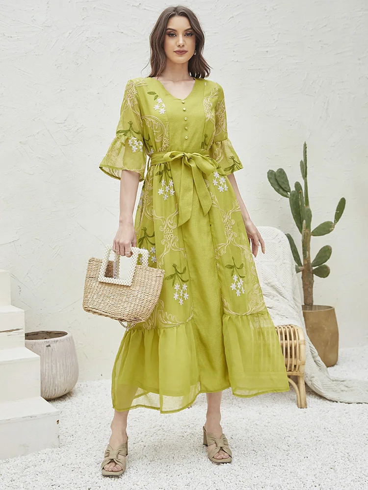 

Женское элегантное платье-миди TOLEEN, новое летнее роскошное вечернее вечерние с вышивкой и V-образным вырезом и поясом в арабском, турецком, африканском стиле, 2022