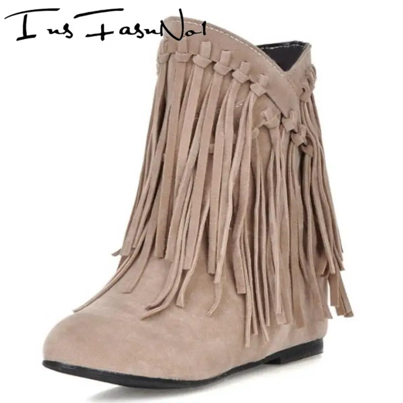 

Retro Western Tassel Round Toe Slip On Flats Cowboy Women Ankle Boots Height Increaseing Comfort Casual Cowgirl Female Shoes