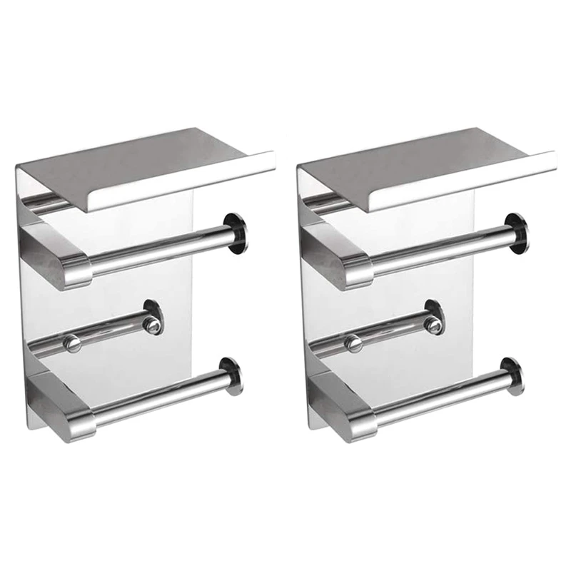 

2X Double Roll Toilet Paper Holder Wall Mounted With Shelf, SUS 304 Stainless Steel Polished Steel
