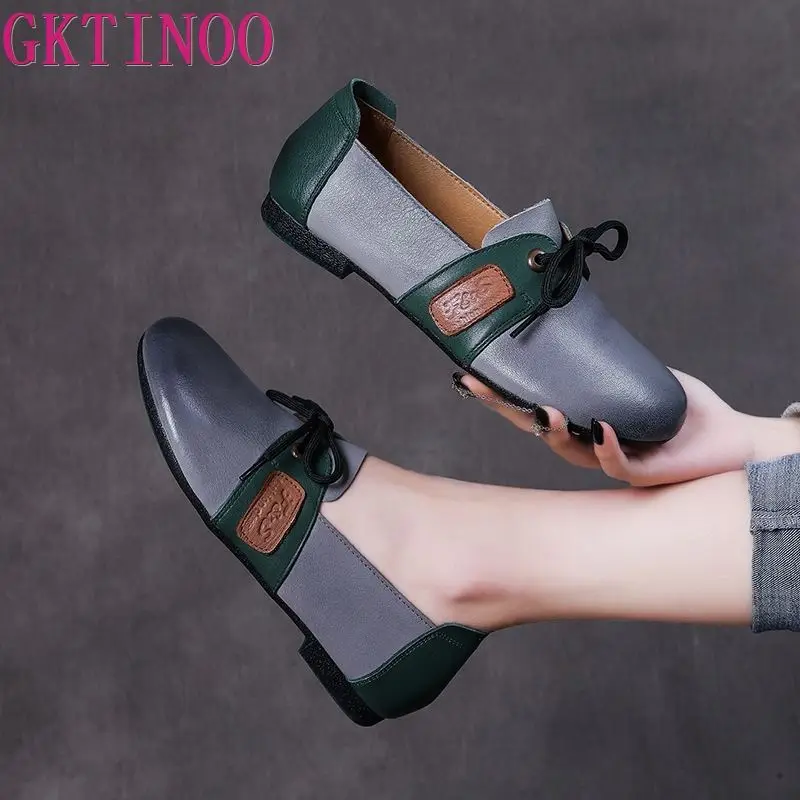 

GKTINOO Retro Genuine Leather Flats Women Shoes Mixed Colors Lace-up Round Toe 2022 New Spring Leisure Concise Ladies Shoes