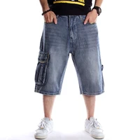 mens jeans multi pocket skateboarding pants fat hip hop denim shorts mens trend calf length pants summer baggy jeans