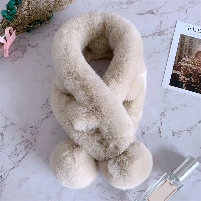 

New Faux Rabbit Fur Scarf Autumn Winter Plush Thickening Warm Solid Color Fur Ball Cross Student Children's High Quality Scarf