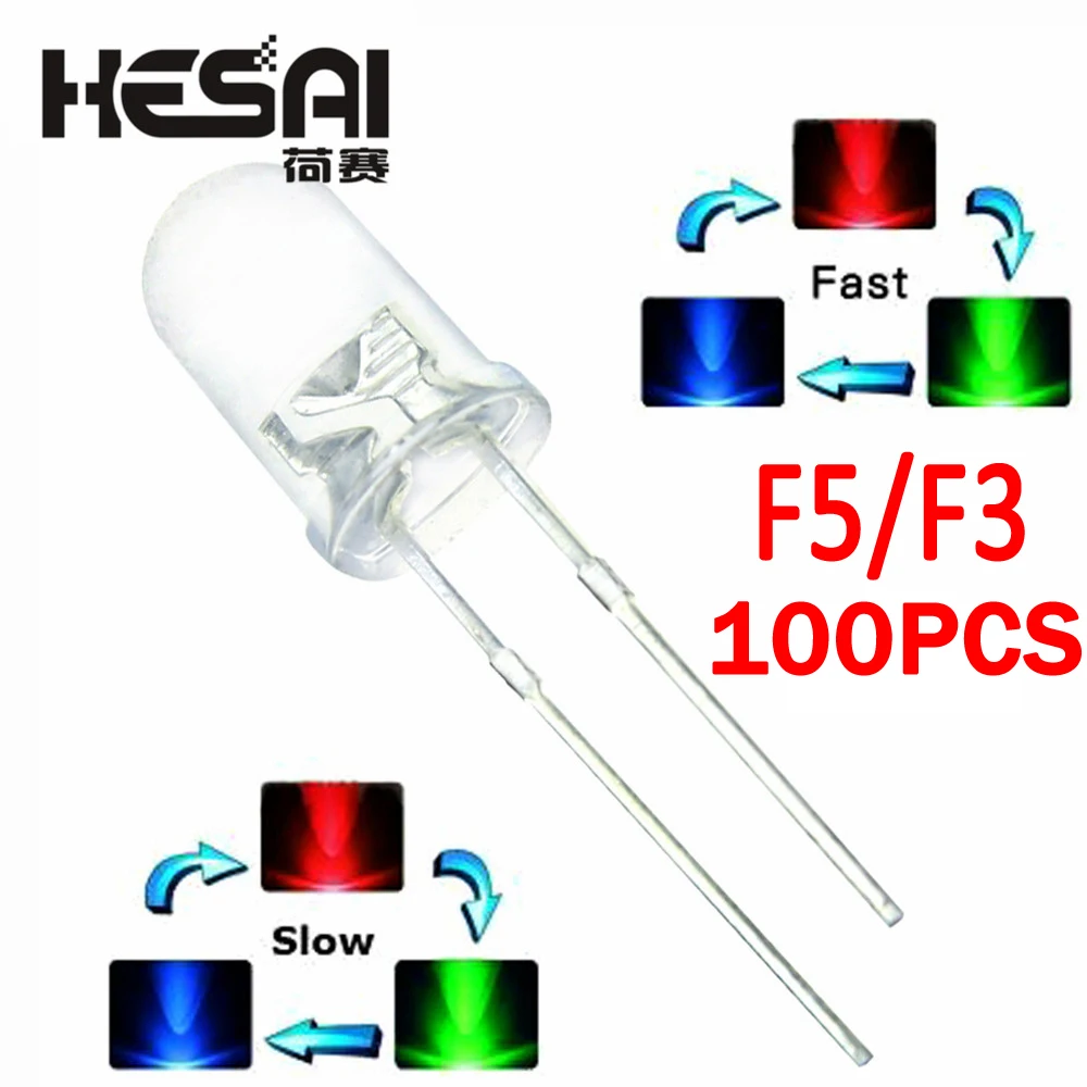 

100PCS/lot F5 5mm F3 3mm Fast/Slow RGB Flash Red Green Blue Rainbow Multi Color Light Emitting Diode Round LED Full Color