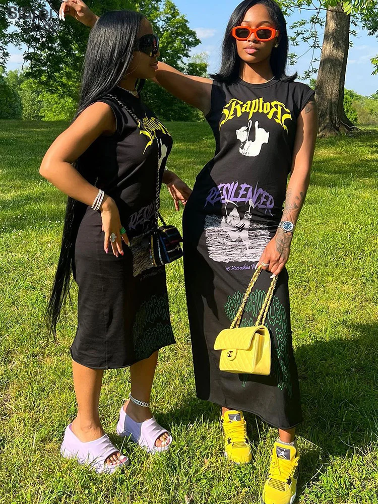 

Женское Макси-Платье с принтом Sisterlinda, повседневное облегающее платье без рукавов, стрейчевое прямое платье, уличная одежда, лето