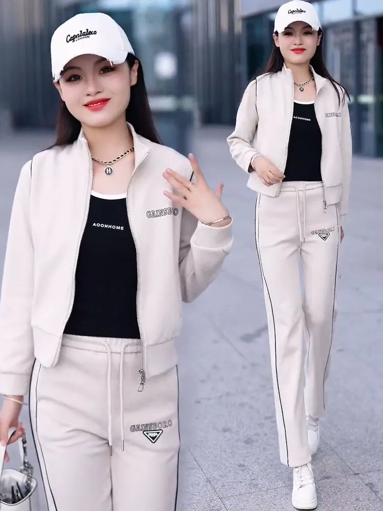 High Cotton Casual Fashion Set Women 2024 Spring and Autumn New Western Sle Versatile Stand Collar Hoodie Sweatpants Two-pi...
