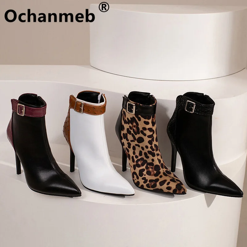 

Ochanmeb Sexy Stiletto Heels Leopard Boots Women Belt Buckle Pointy Toe Mix-color Short Ankle Boots Ladies Booties Plus Size 48