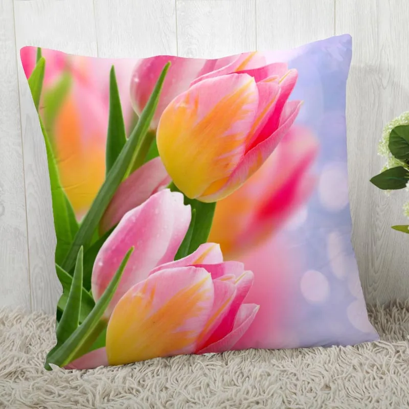 

Custom Pillow Cases Tulip Flower Square Pillowcase Christmas Zippered Pillow Cover 40*40cm,45*45cm(One Side)
