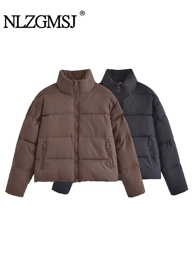 

Nlzgmsj TRAF Женская короткая парка на молнии, теплая свободная пуховая куртка из хлопка, верхняя одежда, осень-зима 2023