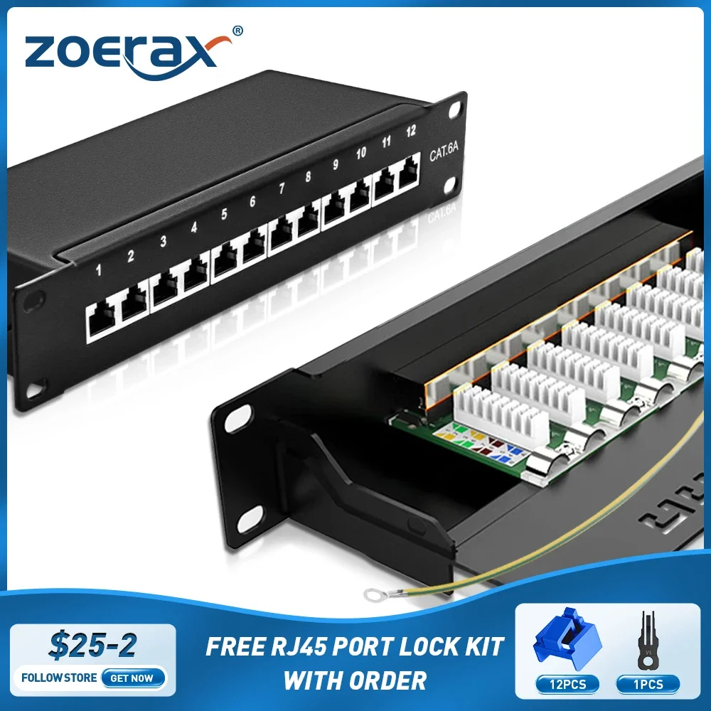 Фото ZOERAX CAT6a 8-портовая патч-панель, экранированная металлическая сетевая панель 10 Гбит/с, стойка 1U/настенное крепление, совместимая с кабелями CAT5e/6/6a/7 №1