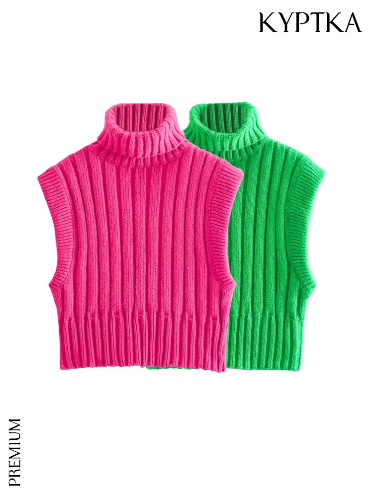 

Модный женский укороченный свитер KYPTKA в рубчик, винтажные женские пуловеры без рукавов с высоким воротом, шикарные топы