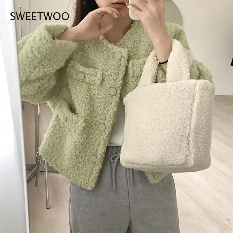 O-Neck Button Short Fake Fur Jacket Long Sleeve Casual Retro Coat Winter New South Korean Ins Single Breasted Fresh Simple Short